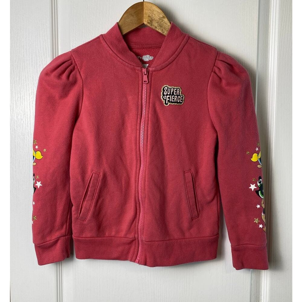 Power Puff Girls Pink Puff Sleeve Full Zipper Knit Jersey Jacket Girls Size 8